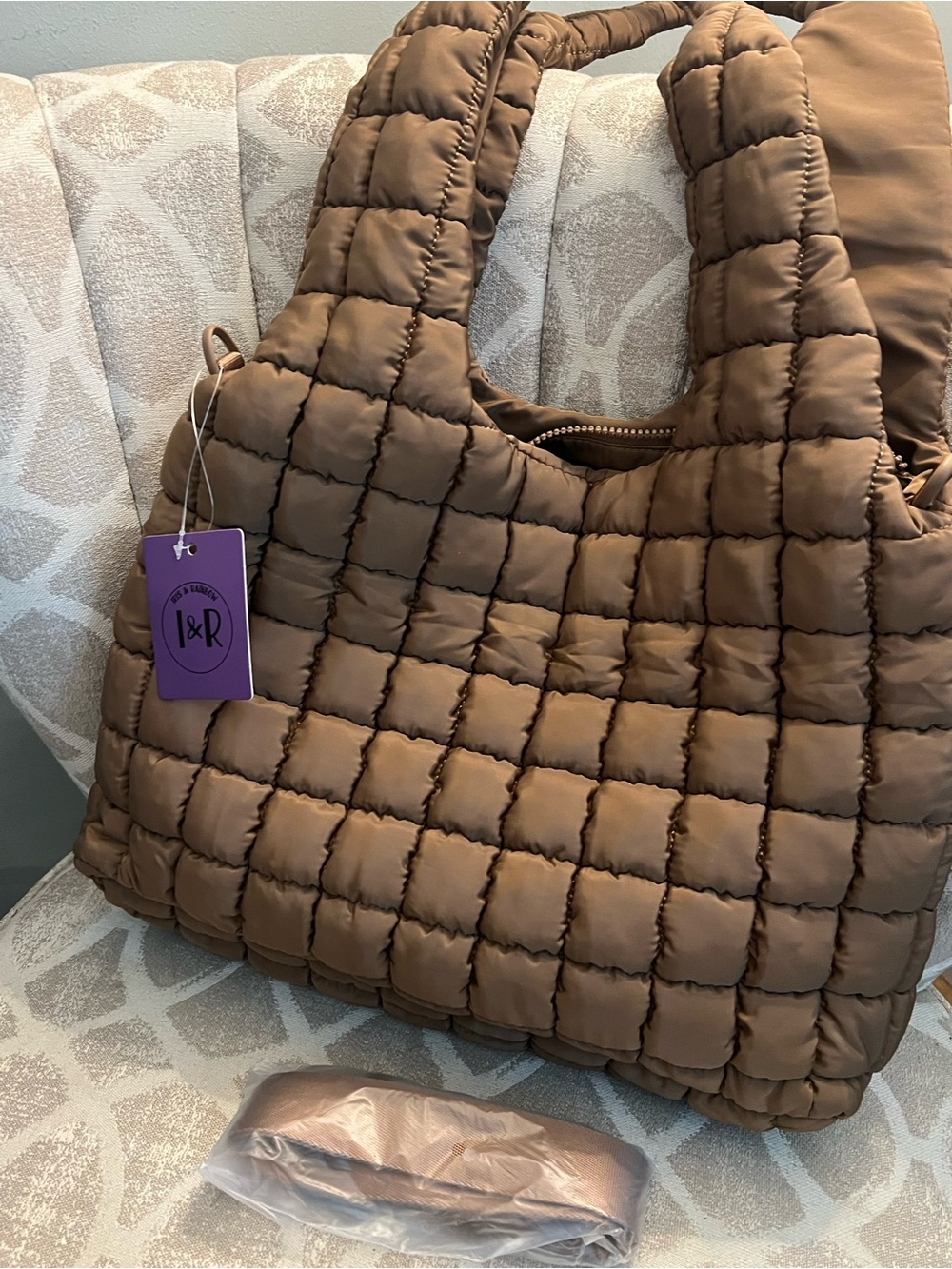 Quilted Puffer Tote Bag in Brown by I&R